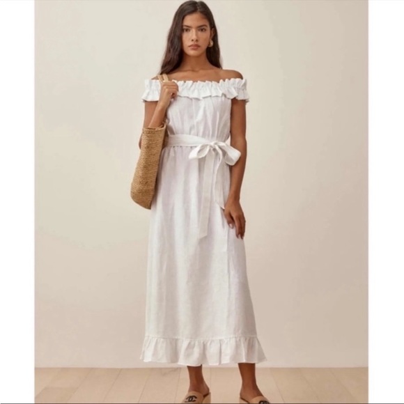 Reformation Dresses & Skirts - Reformation Sycamore White Linen Dress. Size Medium. Off The Shoulder. Tie Waist